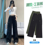 HOUZHOU Y2K Cargo Pants Women Green Wide Leg Cargo Trousers Female Korean Streerwear Hip Hop Pockets Casual Retro Safari Style