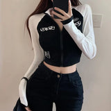 Punk Style Shirt Women Stitched Crop Top Zip Up Skinny Long Sleeve T-shirts Women Streetwear Casual Slim Fit Tee Y2k Top