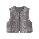 HiqdressWomen Fashion Y2k Vintage Floral Embroidery Vest Top V Neck Loose Casual Summer Woman Short Cardigan Waistcoat Chic Tops