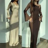 Women Elegant Long Dresses 2024 Fashion Simple Round Neck Satin Flare Sleeve Lace Up Slim Party Prome Maxi Dress Evening Gown