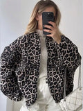 Fashion Leopard Zipper Long Sleeved Women's Jacket Retro Round Neck Street Casual Outerwears New Female Autumn Commute Coat