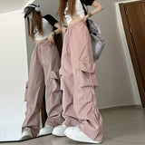 HiqdressWomen Big Pockets Cargo Pants Y2k High Elastic Waist Drawstring Baggy Trousers Vintage Casual Loose Side Zipper Straight Pants