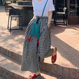 Retro Plaid Wide Leg Pants Women Streetwear High Waist Drawstring Loose Casual Trousers Summer Korean All Match Skirt Pant