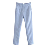 HiqdressWomen Light Blue Chic Fashion Office Wear Straight Pants Vintage High Waist Zipper Fly Female Trousers Fashion