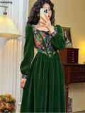 Vintage France Green Velvet Floral Dress for Women Chic Auricular A-line Party Prom Robe Winter Spring Harajuku Clothes