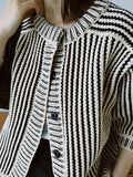 Hiqdress O-Neck Half Puff Sleeve Knitted Sweater Women Tops  New Japan Fashion Autumn Winter Clothes Stripe Pattern Cardigan Verlena