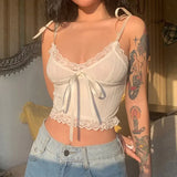 Coquette White Tank Top Women Deep V-Neck Sexy Cute Lace Patchwork Lace-up Slim Sleeveless Crop Top Y2k Camisole Summer