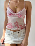 Pink Cute Floral Print See Through Sexy Mesh Camisole Women Lace Trim V Neck Y2K Crop Top