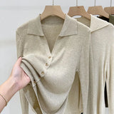 Simple 2023 Autumn New Lapel Sweater Button Design Knitted Cardigan Outer Wear Inner Bottoming Top