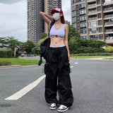 Summer Parachute Black Pants Women Hippie Streetwear Oversize Pockets Cargo Trousers Harajuku Wide Leg Baggy Sweatpants Women