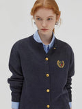 Spring and Autumn Wool Knitted Sweater Cardigan Female British College Contrast Badge Embroidered Metal Button Top