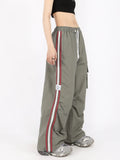 Hiqdress Y2K Kpop Cargo Pant Women Drawstring Pockets Wide Leg Chic Punk Pants Baggy Striped Sports Sweatpants Parachute Jogger Trousers