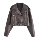 HiqdressWomen Vintage Loose Pu Faux Leather Short Jacket with Belt Streetwear Female Zipper Retro Moto Biker Coat Outwear Tops