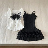 Hotsweet Girl Fashion Suit Y2k Retro Short Sleeve T Shirt Summer Crop Top Gothic Aesthetic Bow Top Women Sexy Sling Mini Skirt