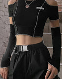 Hiqdress Goth Dark E-girl Style Patchwork Black T-shirts Gothic Open Shoulder Sleeve Y2k Crop Tops Ruffles Hem Hip Hop Techwear Women Tee