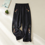 Women's Cotton Linen Pants Female Elastic Waist Floral Embroidery Traditional Folk Lace Patchwork Ankle Length Casual Trousers