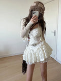 Women Night Club French Fashion Vintage Coquette Lace Evening Outfits 2 Piece Set Ruffles Chiffon Top + Gyaru Party Halter Dress