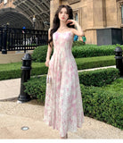 Summer Print Elegant Beach Dress New Women Vintage Pearl Beading Sweet Midi Dress Female Princess Fairy Strap Evening Dress