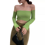 Female Crop Tops T-shirts, Solid Color Boat Neck Off Shoulder Sexy Tops Pullover with Long Sleeves for Summer Club Wear