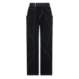 Harajuku Fashion Eyelet Waist Buckle High Waisted Jeans Women Personality Slim Casual Black Pants All Match Straight Trousers