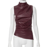 HiqdressPU Leather Tank Top High Fashion Asymmetrical Ruched Sleeveless Blouse Winter Sexy T Shirt For Women Y2K Clothes