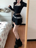 Women Dark Academia Y2k 2000s Aesthetic Rave Night Club Outfits 2 Piece Set Long Sleeve T-Shirts Crop Tops + Mini Pleated Skirts