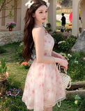 Summer Elegant Korean Sweet Pink Halter Dress Women Casual Y2K Print Chiffon Sleeveless Party Vestidos Fairy Princess Clothes