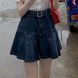 High Waist Y2K Jean Skirts Women Retro Mini Denim Pleated Skirts Harajuku Punk Belt Korean Student Casual A Line Skirt