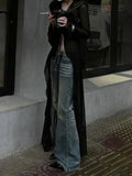 Vintage Black See Through Long Cardigan Slim V Neck Streetwear Sexy Grunge Tops Summer Y2k Aesthetic Bandage Blouse Women