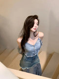 Summer New Retro Denim Patchwork Mesh Semi Transparent Fishtail Design High Waisted Ruffled Skirt for Slimming Effect