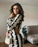 Wave Striped Women Knitted Maxi Dress Elegant O-neck Long Sleeve Bodycon Dress Autumn Streetwear Party Robe