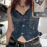 Fashion Retro Y2K Denim Vest V Neck Button Pocket Slim Short Denim Vest Women's Sleeveless Denim Jacket Vest Top Streetwear