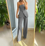 HiqdressWomen's Pants Set Solid Color Autumn New Sleeveless Tube Top and Solid Color Straight Pants Suit Elegant Office Suit