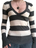 Women Long Sleeve Knit Tops Casual V-neck Striped Pullover Shirt Blouse for Club Streetwear