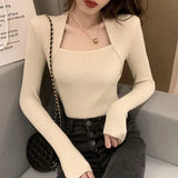 Zoki Women Pullover Sweater Autumn Long Sleeve Pullover Basic Top Fashion Elastic Female Winter Solid Knitted Jumper