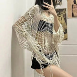 Lucyever Y2K Hollow Knit Hooded Tops Women Goth Spider Web Spice Girl Mesh Pullovers Female Korean Fashion Fishing Net Sweaters