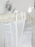 Women Luxury Beading Cropped Top Sexy White Satin Bodycon Top Strapless Tanks Holiday Party Tees Women's Clothing