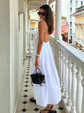 Summer Women Long Sling Dress White Sleeveless Backless V-neck High Waist Long Dress Female Holiday Causal Loose Midi Dresses