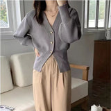 Korean Version Short Knitted Cardigan Sexy V-Neck Design Texture Solid Color Top Autumn Winter New Sweater Coat Female Pop