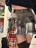 Summer Women American Tide Punk Irregular Patchwork Mini Denim Skirt Gyaru Harajuku 2000s Aesthetic Y2k Streetwear Grunge E-girl