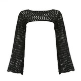 Women Y2k Crochet Knit Hollow Out Crop Top Long Flared Sleeve Shrug Sweater Mesh Cover Ups Cardigan Streetwear Pullover Women