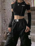 Hiqdress Goth Dark E-girl Style Patchwork Black T-shirts Gothic Open Shoulder Sleeve Y2k Crop Tops Ruffles Hem Hip Hop Techwear Women Tee