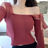 HiqdressSpring New Women's Fashion Bandage Knit Tops Korean Lady Sexy Short Off-Shoulder Sweater Daily Joker Tops Streetwear Female