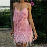 Spring Outfits New Sexy Tassel Sequins Feather Mini Dress Women Spaghetti Strap Stitching Dresses Female Elegant Evening Party Club Dress