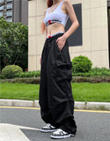 Y2K Parachute Black Pants Women Hippie Streetwear Oversize Pockets Cargo Trousers Harajuku Wide Leg Baggy Sweatpants