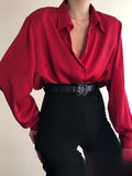 HiqdressWomen Button Blouses Turn Down Collar Shirts Office Lady Long Sleeve Casual Blouse Loose OL Shirt Baggy Tops Red/Wine Red /Black