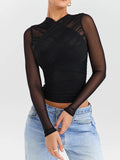 HiqdressSheer Mesh Long Sleeve Sexy T-shirt Women Autumn New V Neck Zipper Layered Skinny Club Party Sexy Tops