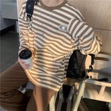 Long Sleeve Vintage Striped Tshirts Women Aesthetic Korean Fashion Loose Top Autumn Winter T-shirts Casual Teenagers Tee