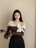 Coquette Off Shoulder Black T-shirts Women Korean Style Chic Bow Brown Long Sleeve Tees Sweet Sexy Patchwork Slim Tops