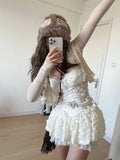 Women Night Club French Fashion Vintage Coquette Lace Evening Outfits 2 Piece Set Ruffles Chiffon Top + Gyaru Party Halter Dress